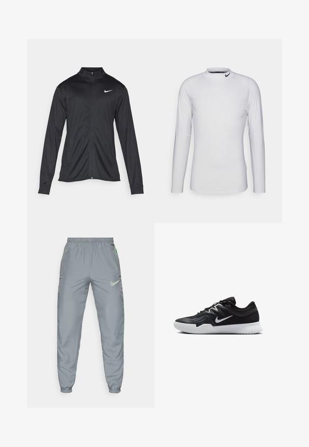 Zwarte sportjack met lange mouwen, kraag en volle rits. Voorzien van een subtiele Nike-logo in het wit op de bovenste linkerborst. Soepele textuur.; Langsleeve, witte sportshirt gemaakt van gladde, rekbare stof. Heeft een hoge halslijn en een zwart Nike-logo op de kraag.; Nike trainingsbroek in grijze polyester met elastische tailleband, taps toelopende boorden en neongroene zijaccenten; heeft een logo op de rechter voorkant.; Zwarte sportieve schoen met een gestructureerde bovenkant, witte Nike swoosh en een witte rubberen zool. Beschikt over een veterontwerp en een dynamische vorm.