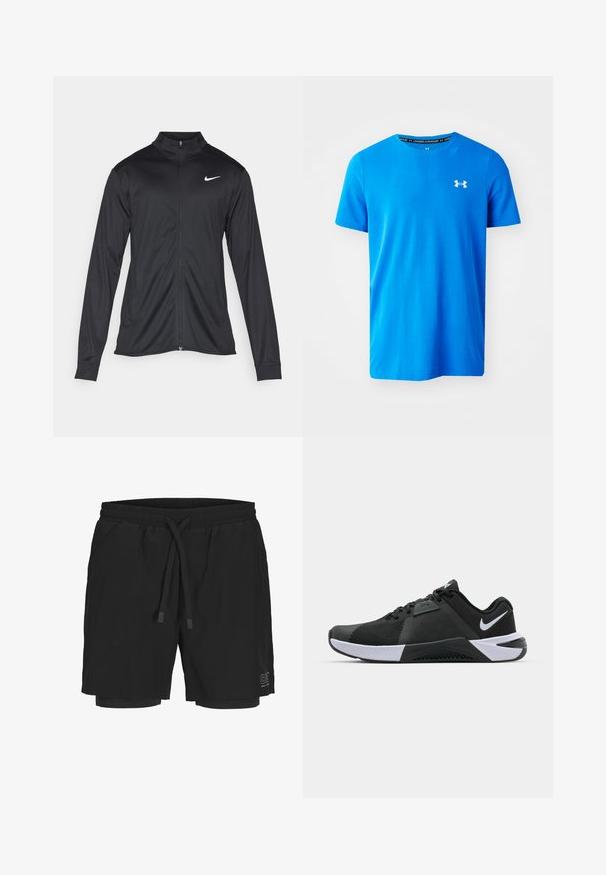 Musta urheilutakki pitkillä hihoilla, kauluksella ja kokonaisella vetoketjulla. Täydentää hienovarainen Nike-logo valkoisena vasemmassa ylärinnassa. Litteä pinta.; Sininen lyhythihainen T-paita hengittävästä kankaasta, jossa on hienovarainen tekstuurimalli ja valkoinen Under Armour -logo rinnassa.; Mustat uimaportit, jotka on valmistettu kevyestä kankaasta, jossa on joustava vyötärö, säädettävä naru ja sisävuori. Sivussa on logo.; Nike Performance METCON 10 - Treenikenkä - black/white/anthracite