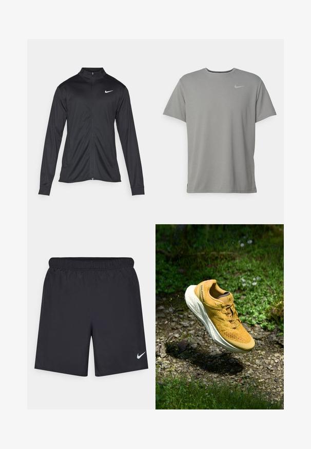 Svart idrettsjakke med lange ermer, krage og full glidelås. Har en subtil Nike-logo i hvitt på øvre venstre bryst. Glatt tekstur.; Grå Nike t-skjorte med korte ermer, rund hals og en liten sølvlogo på venstre bryst. Laget av mykt, lett stoff.; Svart sportskjørt laget av lett materiale med elastisk linning. Har en liten hvit Nike-logo nederst til venstre.; Gul Salomon løpesko som svever over grusvei omgitt av grønt gress og små villblomster i naturlig lys.