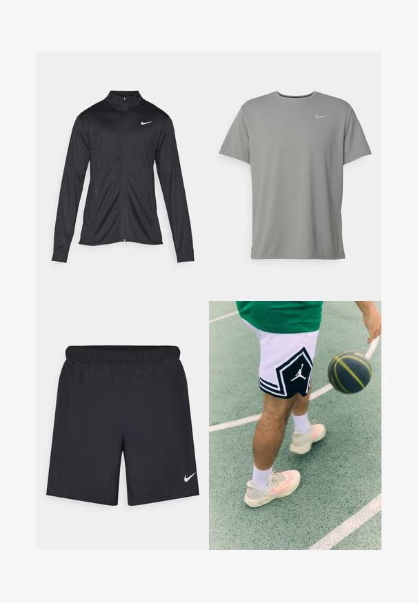 Svart idrettsjakke med lange ermer, krage og full glidelås. Har en subtil Nike-logo i hvitt på øvre venstre bryst. Glatt tekstur.; Grå Nike t-skjorte med korte ermer, rund hals og en liten sølvlogo på venstre bryst. Laget av mykt, lett stoff.; Svart sportskjørt laget av lett materiale med elastisk linning. Har en liten hvit Nike-logo nederst til venstre.; Svarte og hvite basketballshorts med diamantdesign og logo. Lyse joggesko med en virvlende mønster og akksentlinjer. Basketball i bevegelse.