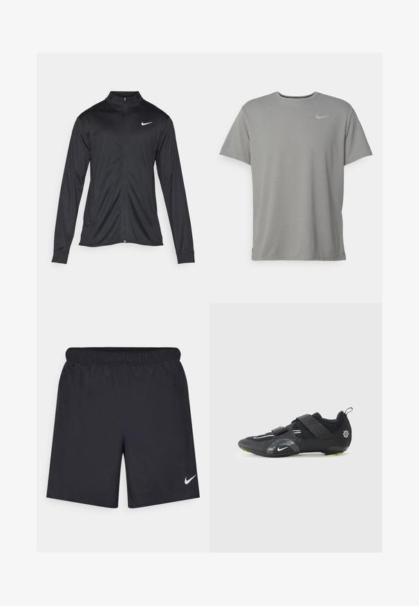 Giacca sportiva nera con maniche lunghe, colletto e zip completa. Presenta un logo Nike in bianco sulla parte superiore del lato sinistro del petto. Tessuto morbido.; T-shirt Nike grigio con maniche corte, scollo rotondo e un piccolo logo argentato sul lato sinistro del petto. Realizzato in tessuto morbido e leggero.; Shorts sportivi neri realizzati in materiale leggero con vita elastica. Presentano un piccolo logo Nike bianco sul lato sinistro in basso.; Scarpa da atletica nera con tomaia in rete, due fasce regolabili in Velcro, accenti riflettenti e dettagli verde sulla suola per una migliore aderenza.