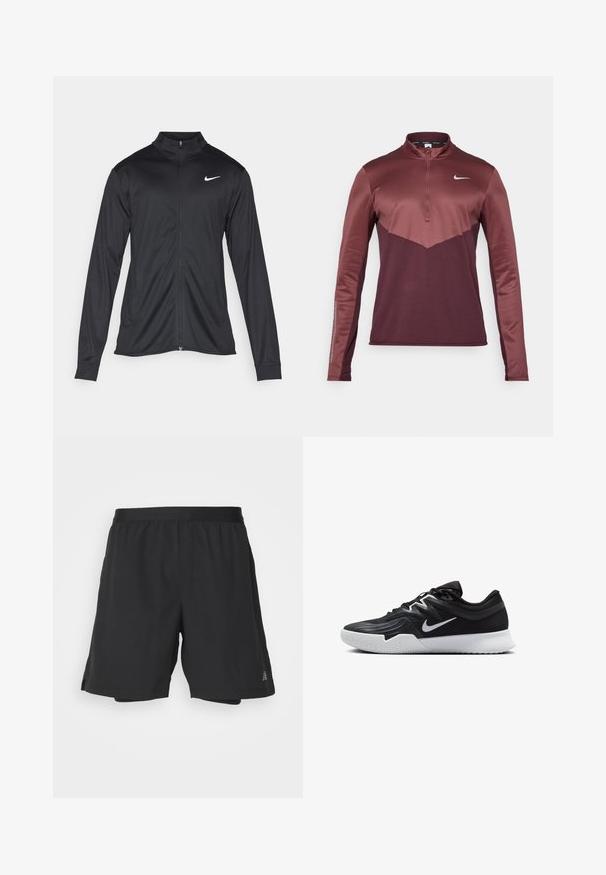 Črna atletska jakna z dolgimi rokavi, ovratnikom in polnim zadrgo. Vključuje diskreten bel Nike logotip na zgornjem levem delu prsnega koša. Gladka tekstura.; Dolgi rokavi, temno rdeč in temno burgundski športni pulover s četrtinskim zadrgo in belim Nike swoosh logotipom na prsih.; Črne športne hlače iz lahkotnega materiala z elastičnim pasom, ki imajo stranske razpoke in majhen logotip na spodnjem robu.; Črne atletske čevlje z teksturirano zgornjico, belim Nike znakom in belim gumijastim zunanjim podplatom. Imajo vezalni dizajn in dinamično obliko.