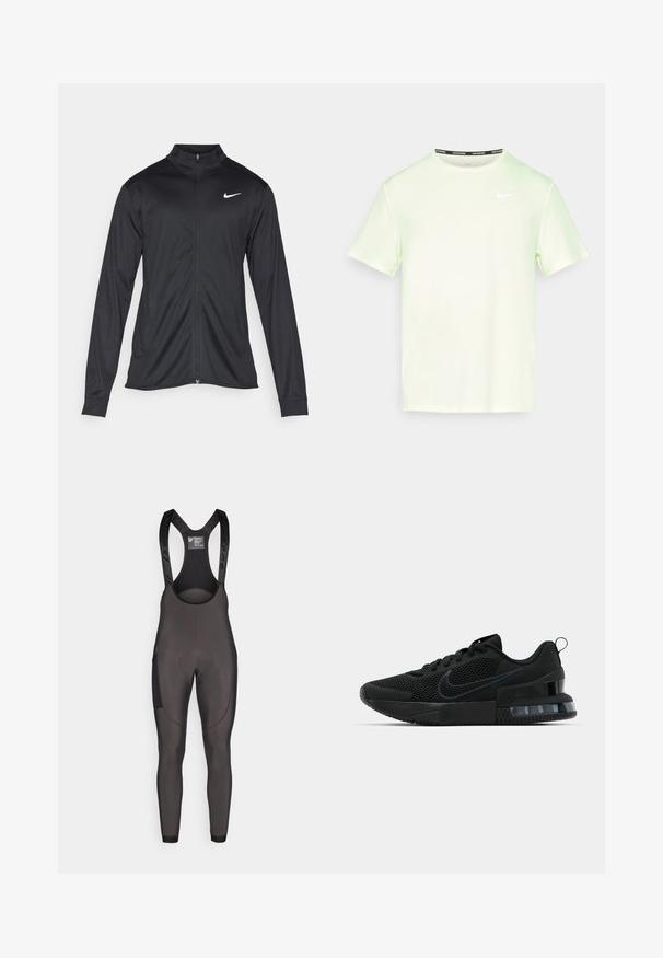 Giacca sportiva nera con maniche lunghe, colletto e zip completa. Presenta un logo Nike in bianco sulla parte superiore del lato sinistro del petto. Tessuto morbido.; T-shirt Nike verde chiaro con maniche corte, scollatura rotonda e un piccolo logo bianco sul petto. Tessuto morbido e leggero.; Tights ciclistici neri con bretelle regolabili, area imbottita per la seduta e pannelli texturizzati sui lati per una maggiore aderenza e supporto.; Scarpa atletica nera Nike con tomaia in mesh, suola in gomma, colletto imbottito e un distintivo accento trasparente sul tallone.