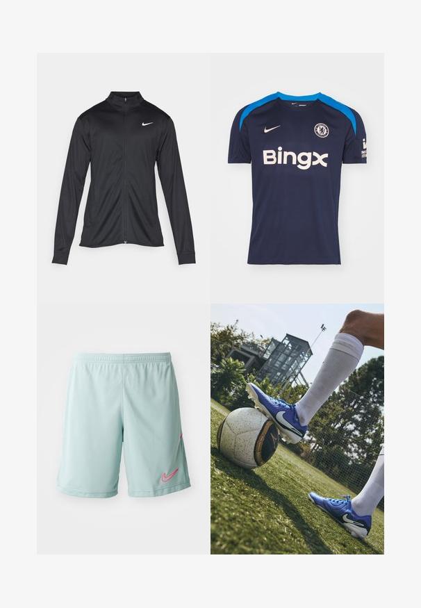 Schwarze Sportjacke mit langen Ärmeln, Kragen und voller Reißverschluss. Verfügt über ein dezentes Nike-Logo in Weiß auf der oberen linken Brust. Glatte Textur.; Marineblaue Nike-Fußballtrikot mit hellblauen Akzenten, ausgestattet mit Rundhalsausschnitt, kurzen Ärmeln und dem "Bingx"-Logo in Cremefarbe auf der Vorderseite. Chelsea-Wappen ist ebenfalls enthalten.; Hellblaue Sportshorts mit Mesh-Struktur, mit einem pinken Nike-Logo auf der linken Seite und einem elastischen Bund.; Nike-Fußballschuh in Blau, mit strukturiertem synthetischem Obermaterial und weißen Details, schräg auf einem gemusterten schwarz-weißen Fußball, auf grünem Rasen.