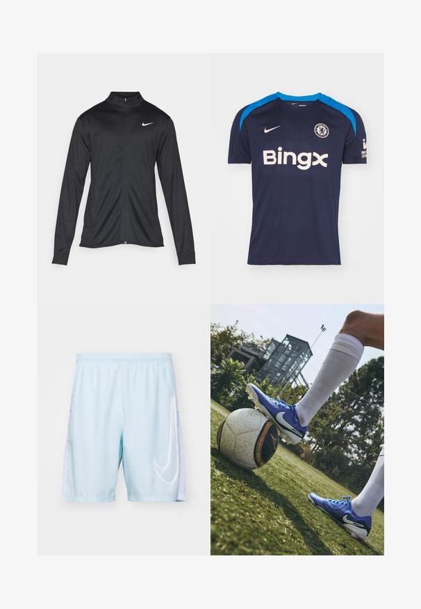 Chaqueta atlética negra con mangas largas, collar y cremallera completa. Presenta un sutil logo de Nike en blanco en la parte superior izquierda del pecho. Textura suave.; Camiseta de fútbol Nike de color azul marino con acentos en azul claro, con cuello redondo, mangas cortas y el logo "Bingx" en crema en la parte frontal. Incluye el escudo del Chelsea.; Nike Performance SHORT - Pantalón corto de deporte - glacier blue/white; Bota de fútbol Nike en azul, con parte superior sintética texturizada y detalles en blanco, inclinada sobre un balón de fútbol negro y blanco con patrón, sobre césped verde.