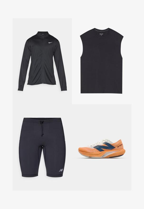 Svart idrottsjacka med långa ärmar, krage och full dragkedja. Har en diskret Nike-logga i vitt på övre vänstra bröstet. Slät yta.; Svart ärmlös topp med rund halsringning, prydd med dekorativa nitar längs den inre kragekanten. Tillverkad av ett mjukt tyg med en avslappnad passform.; Svarta sportshorts med en åtsittande design, elastisk midja, dragsko och reflekterande logodetalj på den nedre sidan.; Löparskor i orange och vitt med blåkanta, med ett meshinspirerat övre, dämpad sula och en strömlinjeformad design för prestanda.