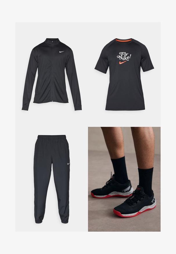 Zwarte sportjack met lange mouwen, kraag en volle rits. Voorzien van een subtiele Nike-logo in het wit op de bovenste linkerborst. Soepele textuur.; Zwarte Nike T-shirt met korte mouwen met de tekst "Fly Nike!" en het oranje swoosh-logo, gemaakt van gladde stof met raglanmouwen.; Zwarte trainingsbroek van lichtgewicht materiaal met een elastische tailleband, enkelmanchetten en een discreet Nike-logo aan de linkerkant.; TYR CXT2 - Trainingsschoen - black/red