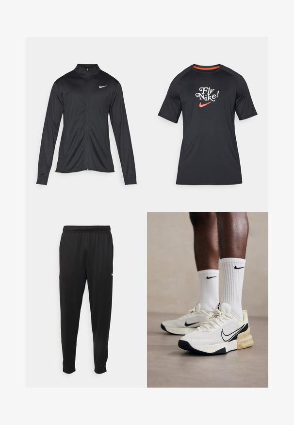 Giacca sportiva nera con maniche lunghe, colletto e zip completa. Presenta un logo Nike in bianco sulla parte superiore del lato sinistro del petto. Tessuto morbido.; Maglietta nera a maniche corte Nike con la scritta "Fly Nike!" e logo swoosh arancione, realizzata in tessuto liscio con maniche raglan.; Pantaloni sportivi neri realizzati in tessuto liscio, con una vita elastica, gambe affusolate e un piccolo logo bianco sul lato sinistro.; Sneaker bianche a rete con accenti neri e una suola intermedia gialla. Calze Nike bianche a costine. Suola testurizzata per una migliore aderenza.