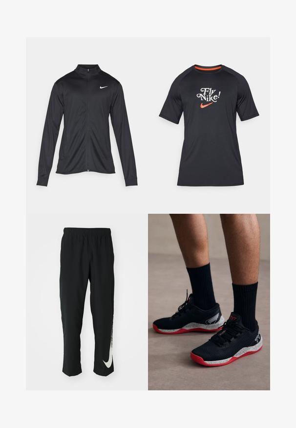 Sort atletisk jakke med lange ærmer, krave og fuld lynlås. Har et diskret Nike-logo i hvidt på den øverste venstre side af brystet. Glat tekstur.; Sort kortærmet Nike T-shirt med teksten "Fly Nike!" og swoosh-logo i orange, lavet af glat stof med raglanærmer.; Sorte træningsbukser med elastisk talje, der taper ind, og har et stort hvidt Nike-logo på venstre ben. Blødt, letvægtsstof.; TYR CXT2 - Træningssko - black/red