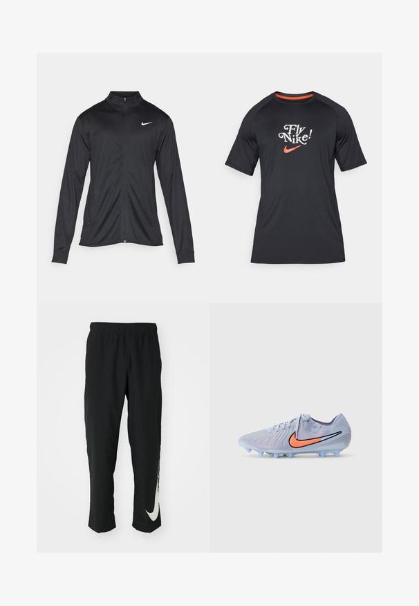 Svart idrettsjakke med lange ermer, krage og full glidelås. Har en subtil Nike-logo i hvitt på øvre venstre bryst. Glatt tekstur.; Svart Nike T-skjorte med kort erme og teksten "Fly Nike!" samt swoosh-logo i oransje. Laget av glatt stoff med raglan-ermer.; Svarte treningbukser med elastisk midje, smalere design, med en stor hvit Nike-logo på venstre bein. Myk, lett stoff.; Lys blå fotballsko med teksturert overflate, svart og oransje Nike-sjekk, og gjennomskinnelige blå pigger for grep.