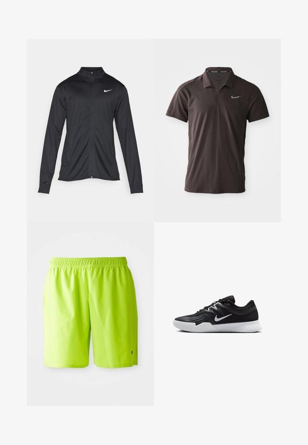 Svart idrettsjakke med lange ermer, krage og full glidelås. Har en subtil Nike-logo i hvitt på øvre venstre bryst. Glatt tekstur.; Mørkebrunt polo-skjorte laget av teksturert stoff, med en tre-knappers knapplås og Nike Swoosh-logo på venstre bryst.; Lyse limegrønne svømmebukser med elastisk liv og sidelommer, vist mot en enkel hvit bakgrunn.; Svart treningssko med teksturert overdel, hvit Nike-swoosh og hvit gummisåle. Har snøring og en dynamisk form.