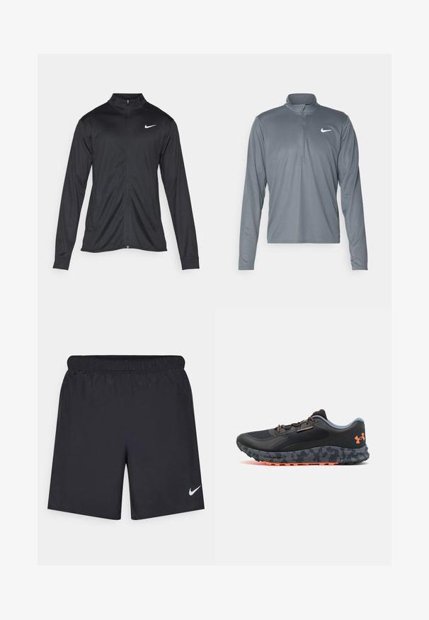 Chaqueta atlética negra con mangas largas, collar y cremallera completa. Presenta un sutil logo de Nike en blanco en la parte superior izquierda del pecho. Textura suave.; Camisa de rendimiento de Nike de manga larga en color gris con cuello de media cremallera. Fabricada en un tejido suave y liviano, presenta un pequeño logo blanco en el pecho.; Pantalones cortos deportivos negros hechos de un material ligero con una cintura elástica. Presenta un pequeño logo blanco de Nike en la parte inferior izquierda.; Zapatilla deportiva negra con parte superior texturizada, detalles en gris, adornos en naranja, suela con patrón de camuflaje y sistema de cordones para un ajuste seguro.