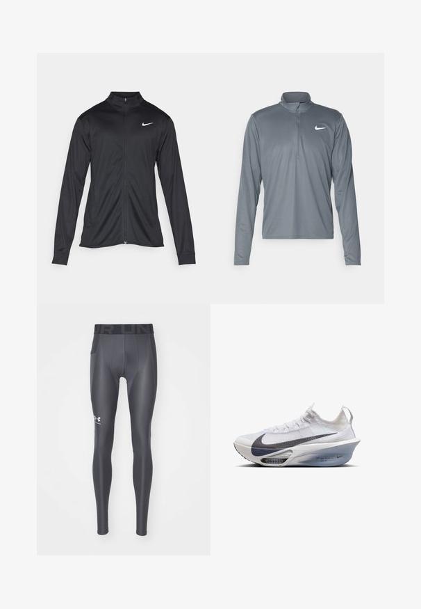 Fekete sportdzseki hosszú ujjal, gallérral és teljes cipzárral. Diszkrét fehér Nike logóval az upper bal mellen. Sima textúra.; Szürke, hosszú ujjú Nike teljesítmény póló negyedcipzárral a gallérnál. Simább, könnyű anyagból készült, kis fehér logóval a mellrészen.; Szürke sport leggings sima, rugalmas anyagból, széles fekete derékrésszel és egy kicsi fehér logóval az alsó lábszáron.; Nike futócipő fehér textilből, szürke swoosh-sal, áramvonalas formával, átlátszó középtalppal és látható légpárnázással.