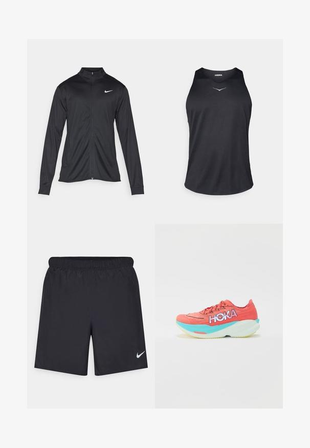 Must värvi sportlik jakk pikkade varrukatega, krae ja täispikk tõmblukk. Ülemises vasakus rinnas on diskreetne valge Nike logo. Sile tekstuur.; Must have mustamata asetoon tipp puur valmistatud hingavast kangast, millel on ümara kaeluse ja peegeldav logo aktsent rinnal.; Mustad mustikud lühikesed püksid, mis on valmistatud kergest materjalist ja millel on elastne vöökoht. Alumisel vasakul küljel on väike valge Nike logo.; Roosa HOKA jooksutossul on õhku läbilaskev võrkkate, helesinise vahesein, kollane välistald ja silmapaistev logo külgedel.
