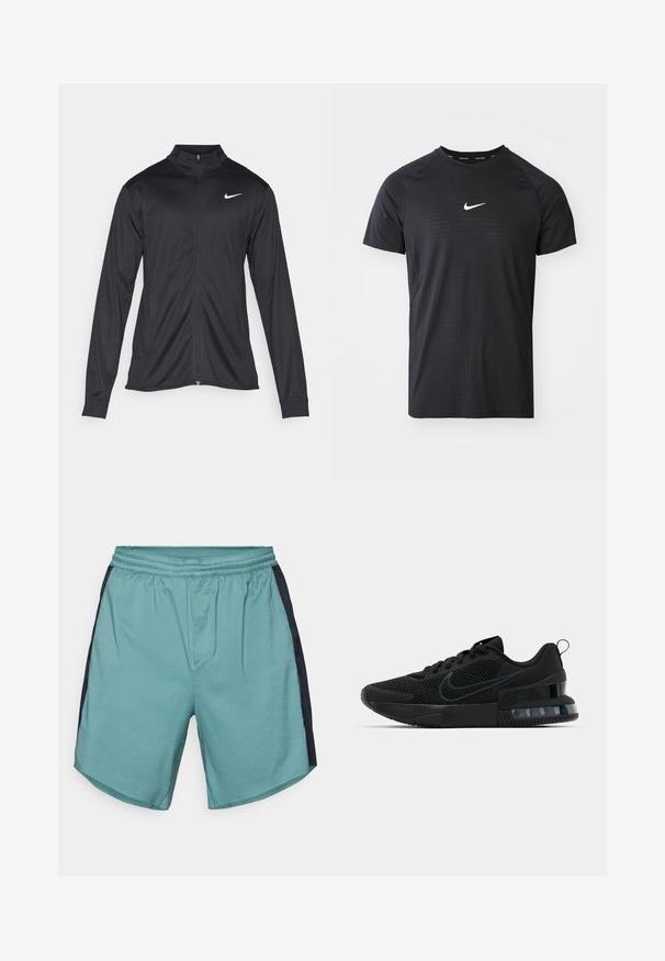 Chaqueta atlética negra con mangas largas, collar y cremallera completa. Presenta un sutil logo de Nike en blanco en la parte superior izquierda del pecho. Textura suave.; Camiseta deportiva negra hecha de una tela con un patrón texturizado. Presenta mangas cortas y un logo blanco de Nike en el pecho.; Pantalones cortos deportivos en azul claro con una cinturilla elástica, que presentan paneles laterales en azul oscuro y una textura de tela suave y transpirable.; Zapatilla deportiva negra de Nike con parte superior de malla, suela de goma, cuello acolchado y un distintivo acento transparente en el talón.