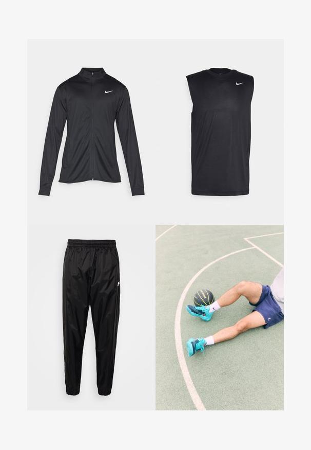 Crna sportska jakna s dugim rukavima, ovratnikom i punim patentnim zatvaračem. Ima suptilan Nike logo u bijeloj boji na gornjem lijevom dijelu prsne oznake. Glatka tekstura.; Crni bezrukavni sportski dukserica izrađena od glatkog materijala, s okruglim izrezom i malim bijelim Nike swoosh logotipom na gornjoj lijevoj strani.; Crne trenirke od laganog, sjajnog materijala s elastičnom strukom, suženim krojem i džepovima sa zatvaračem. Sadrži naglasak na logo.; Tirkizne atletske tenisice s crnim i plavim naglascima, kratke hlače i bijele čarape, sjede na zelenom terenu s crnom košarkaškom loptom u blizini.