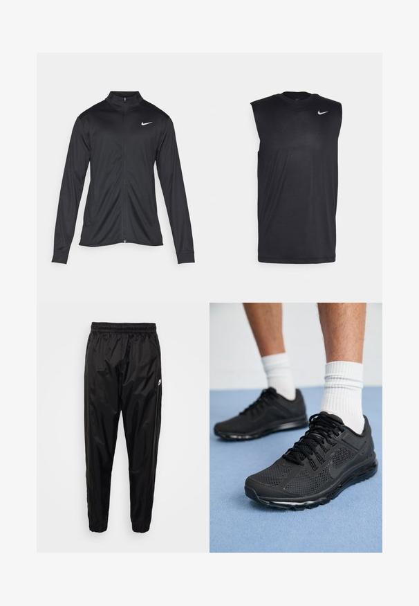 Sort atletisk jakke med lange ærmer, krave og fuld lynlås. Har et diskret Nike-logo i hvidt på den øverste venstre side af brystet. Glat tekstur.; Sort ærmeløs træningsskjorte lavet af glat stof med rund hals og et lille hvidt Nike swoosh-logo på den øverste venstre side.; Sorte træningsbukser lavet af let, skinnende materiale med elastisk talje, tætsiddende pasform og med lynlåslommer. Har et logo som accent.; Sorte atletiske sko med mesh-overdel, polstret krave, solide sorte snørebånd og en tyk polstret sål. Båret med hvide ribbede sokker.