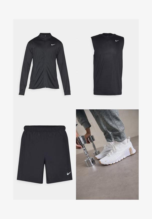 Melna sporta jaka ar garām piedurknēm, apkakli un pilnu rāvējslēdzēju. Uz kreisā krūts augšdaļas ir maigs Nike logo baltā krāsā. Gluda tekstūra.; Melna bezpiedurkņu sporta krekls, izgatavots no gludas auduma, ar apaļu kakla izgriezumu un mazu baltu Nike swoosh logotipu augšējā kreisajā stūrī.; Melnas sporta šorti, izgatavoti no viegla materiāla, ar elastīgu jostu. Uz apakšējā kreisā stūra ir neliels balts Nike logo.; Baltie sporta apavi ar strukturētu virsu, plakanu gumijas zoli un gaiši brūniem akcentiem. Sudraba hanteles priekšplānā. Pelēkas sporta bikses redzamas.