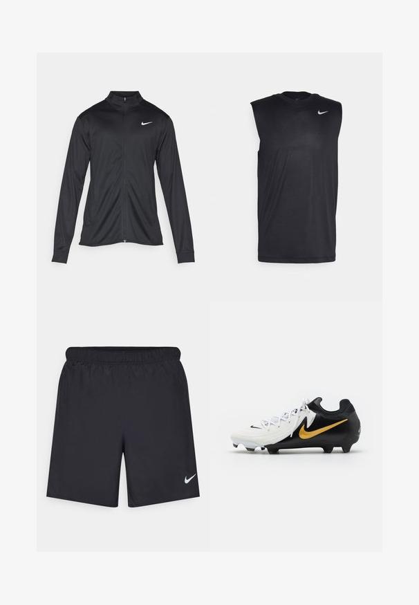 Must värvi sportlik jakk pikkade varrukatega, krae ja täispikk tõmblukk. Ülemises vasakus rinnas on diskreetne valge Nike logo. Sile tekstuur.; Mustamugav sportlike õhuke särk, millel on ümmargune kaelus ja väike valge Nike swooshi logo vasakul ülanurgas.; Mustad mustikud lühikesed püksid, mis on valmistatud kergest materjalist ja millel on elastne vöökoht. Alumisel vasakul küljel on väike valge Nike logo.; Nike jalgpalliketsad, millel on valge ülemine osa koos tekstureeritud triipudega, must kand ja tald ning küljes kuldne swoosh logo.