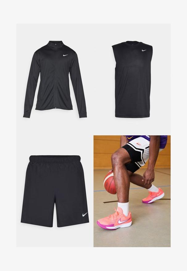 Juodas sportinis švarkas su ilgomis rankovėmis, apykakle ir pilnu užtrauktuku. Yra subtilus baltas Nike logotipas kairėje krūtinės pusėje. Lygus tekstūra.; Juodas be rankovių sportinis marškinėlis, pagamintas iš lygaus audinio, su apvalia iškirpte ir mažuoju baltu "Nike" swoosh logotipu kairėje viršutinėje pusėje.; Juodos sportinės šortai, pagaminti iš lengvos medžiagos, su elastingu juosmeniu. Ant apatinės kairės pusės yra mažas baltas Nike logotipas.; Nike krepšinio bateliai ryškiai rožinės ir violetinės spalvų su tinklelio detalėmis, su balta logotipu ir tekstūruotais padais, ant medinės aikštelės.