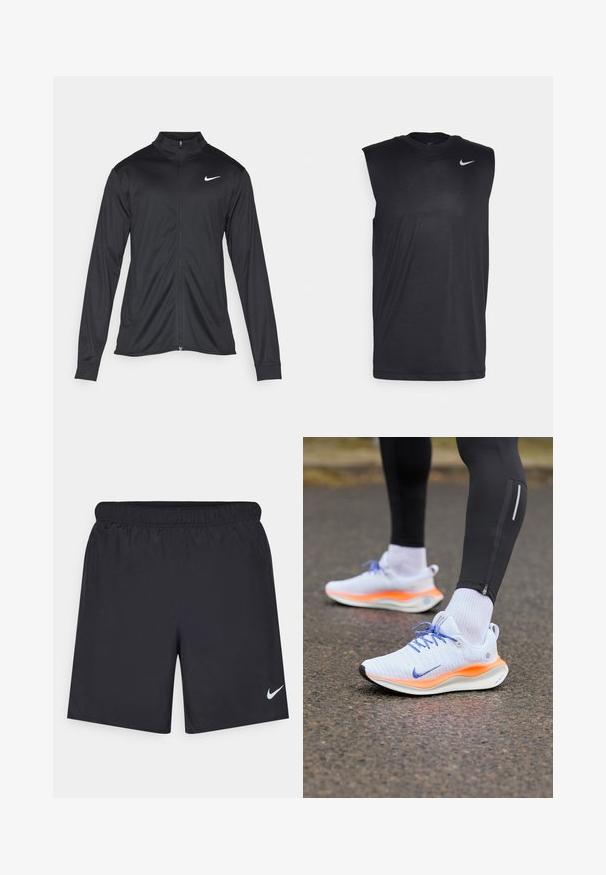 Giacca sportiva nera con maniche lunghe, colletto e zip completa. Presenta un logo Nike in bianco sulla parte superiore del lato sinistro del petto. Tessuto morbido.; Maglietta atletica nera senza maniche realizzata in materiale liscio, con colletto tondo e un piccolo logo Nike swoosh bianco sul lato sinistro superiore.; Shorts sportivi neri realizzati in materiale leggero con vita elastica. Presentano un piccolo logo Nike bianco sul lato sinistro in basso.; Scarpe da corsa bianche e arancioni con lacci blu, indossate con calze bianche e leggings neri su una superficie in asfalto.