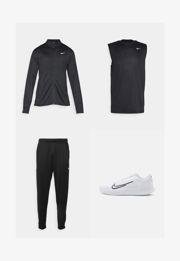 Sort atletisk jakke med lange ærmer, krave og fuld lynlås. Har et diskret Nike-logo i hvidt på den øverste venstre side af brystet. Glat tekstur.; Sort ærmeløs træningsskjorte lavet af glat stof med rund hals og et lille hvidt Nike swoosh-logo på den øverste venstre side.; Sorte atletiske bukser lavet af glat stof, med elastisk talje, smalnende ben og et lille hvidt logo på venstre side.; Hvide træningssko med en mesh-overdel og struktureret detaljering, med et sort swoosh-logo på siden og en polstret hvid sål.