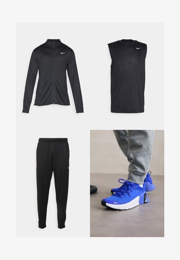 Svart idrottsjacka med långa ärmar, krage och full dragkedja. Har en diskret Nike-logga i vitt på övre vänstra bröstet. Slät yta.; Svart ärmlös träningströja i mjukt tyg med rund halsringning och en liten vit Nike swoosh-logotyp på övre vänstra sidan.; Svarta träningsbyxor i slät tyg, med elastisk midja, avsmalnande ben och en liten vit logotyp på vänster sida.; Blå idrottsskor med en texturerad tygöverdel, vit sula och svarta detaljer. Har snören och en strömlinjeformad, ergonomisk design.