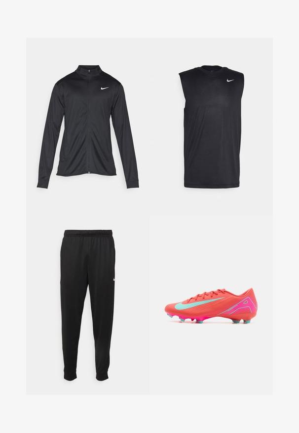 Juodas sportinis švarkas su ilgomis rankovėmis, apykakle ir pilnu užtrauktuku. Yra subtilus baltas Nike logotipas kairėje krūtinės pusėje. Lygus tekstūra.; Juodas be rankovių sportinis marškinėlis, pagamintas iš lygaus audinio, su apvalia iškirpte ir mažuoju baltu "Nike" swoosh logotipu kairėje viršutinėje pusėje.; Juodi sportiniai kelnės, pagamintos iš lygaus audinio, turinčios elastinę juosmenį, siaurėjantys sijonai ir mažas baltas logotipas kairėje pusėje.; Nike futbolo batai su ryškia koraline viršutine dalimi, akvamariniais akcentais ir rožiniu padu, turinčiu formuotus cleatus geresniam sukibimui.