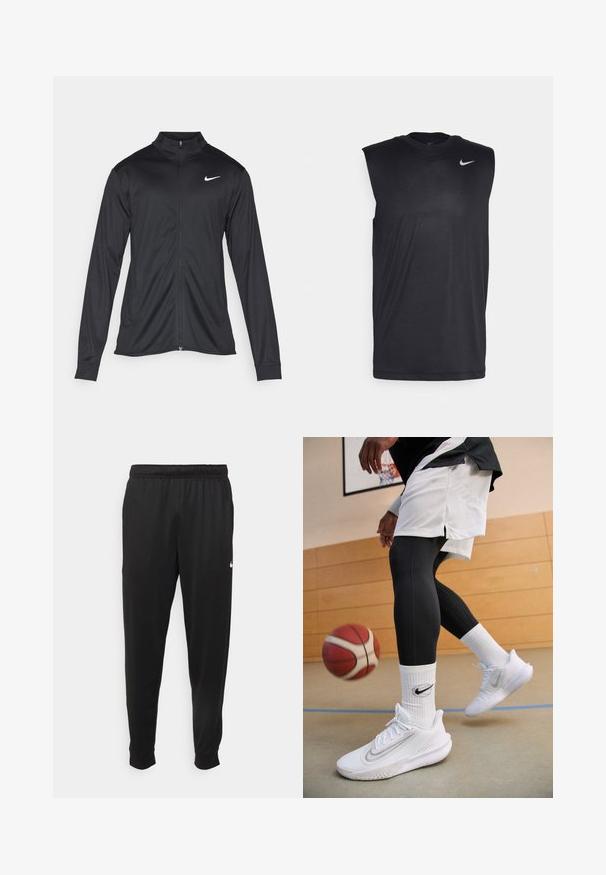 Melna sporta jaka ar garām piedurknēm, apkakli un pilnu rāvējslēdzēju. Uz kreisā krūts augšdaļas ir maigs Nike logo baltā krāsā. Gluda tekstūra.; Melna bezpiedurkņu sporta krekls, izgatavots no gludas auduma, ar apaļu kakla izgriezumu un mazu baltu Nike swoosh logotipu augšējā kreisajā stūrī.; Melnas sporta bikses, kas izgatavotas no gludas auduma, ar elastīgu jostu, sašaurinošām kājām un mazu balto logo kreisajā pusē.; Nike Performance PRECISION 7 - Basketbola apavi - white/light smoke grey/photon dust