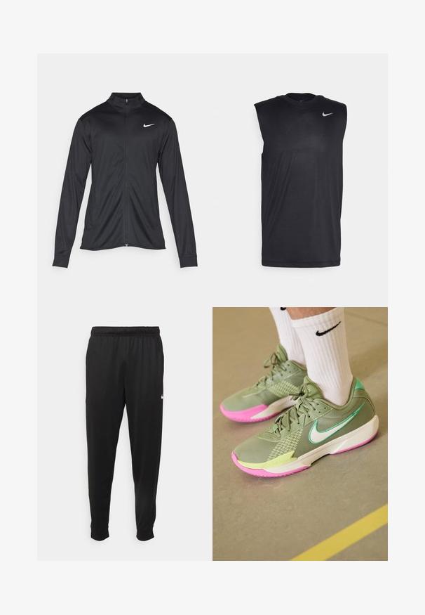 Crna sportska jakna s dugim rukavima, ovratnikom i punim patentnim zatvaračem. Ima suptilan Nike logo u bijeloj boji na gornjem lijevom dijelu prsne oznake. Glatka tekstura.; Crni bezrukavni sportski dukserica izrađena od glatkog materijala, s okruglim izrezom i malim bijelim Nike swoosh logotipom na gornjoj lijevoj strani.; Crne atletske hlače od glatkog materijala, s elastičnom pasicom, sužavajućim nogavicama i malim bijelim logom na lijevoj strani.; Nike Performance GT CUT ACADEMY - Obuća za košarku - oil green/sail/spring green