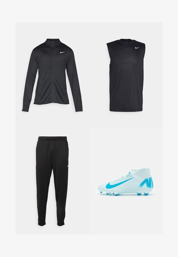 Svart idrottsjacka med långa ärmar, krage och full dragkedja. Har en diskret Nike-logga i vitt på övre vänstra bröstet. Slät yta.; Svart ärmlös träningströja i mjukt tyg med rund halsringning och en liten vit Nike swoosh-logotyp på övre vänstra sidan.; Svarta träningsbyxor i slät tyg, med elastisk midja, avsmalnande ben och en liten vit logotyp på vänster sida.; Ljust blå fotbollssko med en strukturerad yta, livfulla blå detaljer, hög design och sex formar för bättre grepp.