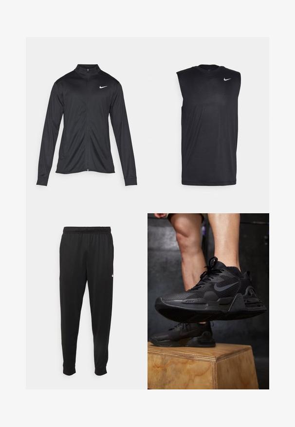 Jachetă sportivă neagră cu mâneci lungi, guler și fermoar complet. Prezintă un logo Nike subtil, alb, pe pieptul din stânga sus. Textură netedă.; Cămașă sport fără mâneci, de culoare neagră, confecționată dintr-un material fin, cu guler rotund și un mic logo Swoosh alb Nike pe partea superioară stângă.; Pantaloni sportivi negri dintr-o țesătură netedă, cu un elastic la brâu, picioare conice și un mic logo alb pe partea stângă.; Pantofii sport negri au un upper din plasă texturată, o talpă solidă, un logo proeminent și șireturi, așezați pe o platformă din lemn.