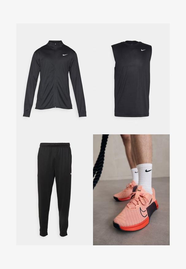 Black athletic jacket with long sleeves, collar, and full zipper. Features a subtle Nike logo in white on the upper left chest. Smooth texture.; Black sleeveless athletic shirt made of smooth fabric, featuring a round neck and a small white Nike swoosh logo on the upper left side.; Black athletic pants made of smooth fabric, featuring an elastic waistband, tapered legs, and a small white logo on the left side.; Light pink athletic shoes with black accents, mesh upper, and a red sole. Paired with white ribbed Nike socks.