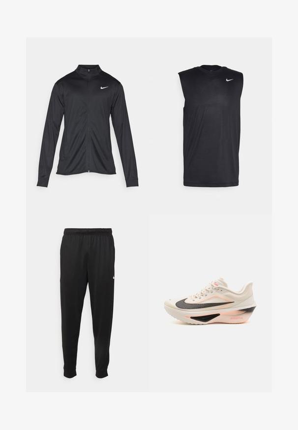 Černá sportovní bunda s dlouhými rukávy, límcem a plným zipem. Má decentní bílou logo značky Nike na horní levé části hrudi. Hladká textura.; Černé bezrukávové sportovní triko vyrobené z hladké látky, s kulatým výstřihem a malým bílým logem Nike swoosh na levé horní straně.; Černé sportovní kalhoty vyrobené z hladké tkaniny, s elastickým pasem, zúženými nohavicemi a malým bílým logem na levé straně.; Lehká běžecká obuv v krémové barvě s černým akcentem. Obsahuje prodyšný svršek z materiálu mesh, tlumení ZoomX a texturovanou podrážku pro lepší přilnavost.