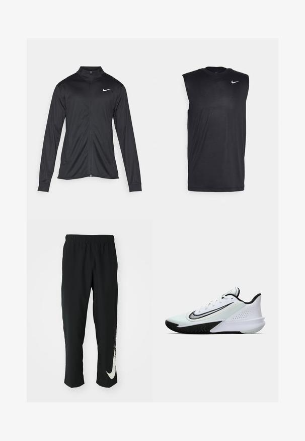 Jachetă sportivă neagră cu mâneci lungi, guler și fermoar complet. Prezintă un logo Nike subtil, alb, pe pieptul din stânga sus. Textură netedă.; Cămașă sport fără mâneci, de culoare neagră, confecționată dintr-un material fin, cu guler rotund și un mic logo Swoosh alb Nike pe partea superioară stângă.; Pantaloni sport negri cu talie elastică, design conic, având un mare logo alb Nike pe piciorul stâng. Material moale, ușor.; Pantofii sport de culoare albă și neagră, cu vârf jos, cu șireturi și un mare logo Swoosh negru pe lateral, prezentați din exterior.