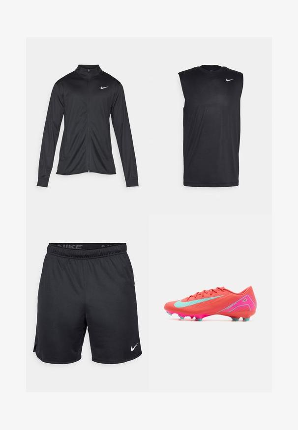 Juodas sportinis švarkas su ilgomis rankovėmis, apykakle ir pilnu užtrauktuku. Yra subtilus baltas Nike logotipas kairėje krūtinės pusėje. Lygus tekstūra.; Juodas be rankovių sportinis marškinėlis, pagamintas iš lygaus audinio, su apvalia iškirpte ir mažuoju baltu "Nike" swoosh logotipu kairėje viršutinėje pusėje.; Juodos Nike šortai su elastinga juosme, šoninėmis įpjovomis ir baltu Nike logotipu apatinėje kraštinėje. Pagaminti iš lengvo, tekstūruoto audinio.; Nike futbolo batai su ryškia koraline viršutine dalimi, akvamariniais akcentais ir rožiniu padu, turinčiu formuotus cleatus geresniam sukibimui.