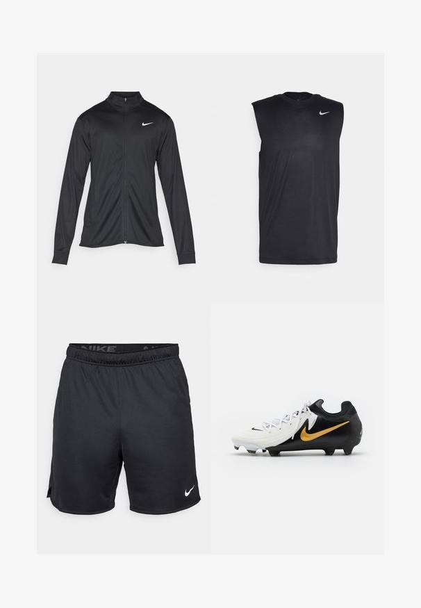 Svart idrettsjakke med lange ermer, krage og full glidelås. Har en subtil Nike-logo i hvitt på øvre venstre bryst. Glatt tekstur.; Svart ermeløs treningsskjorte laget av glatt stoff, med rund hals og en liten hvit Nike swoosh-logo på øvre venstre side.; Sorte Nike-shorts med elastisk livlinje, sideslitser og en hvit Nike-logo på den nedre kanten. Laget av lett, teksturert stoff.; Nike fotballsko med en hvit overdel med teksturerte striper, svart hæl og såle, og en gull swoosh-logo på siden.
