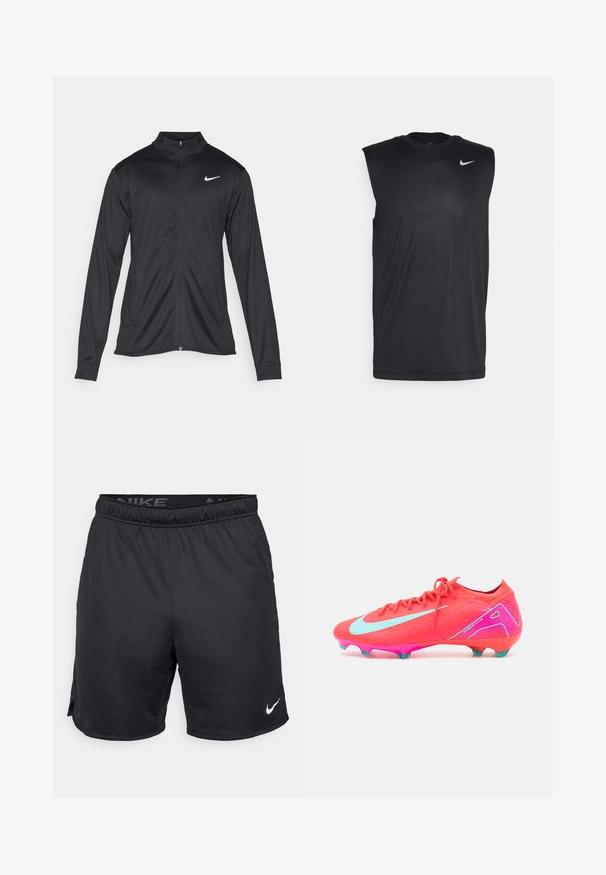 Fekete sportdzseki hosszú ujjal, gallérral és teljes cipzárral. Diszkrét fehér Nike logóval az upper bal mellen. Sima textúra.; Fekete ujjatlan sportpóló sima anyagból, kerek nyakkal, és egy kis fehér Nike swoosh logóval a bal felső oldalon.; Fekete Nike sort, elasztikus derékkal, oldalsó hasítékokkal és fehér Nike logóval az alsó szegélyen. Könnyű, texturált anyagból készült.; Rózsaszín focicipő struktúrált felsőrésszel, világoskék részletekkel és karcsú dizájnnal. Piros talp teal tüskékkel.