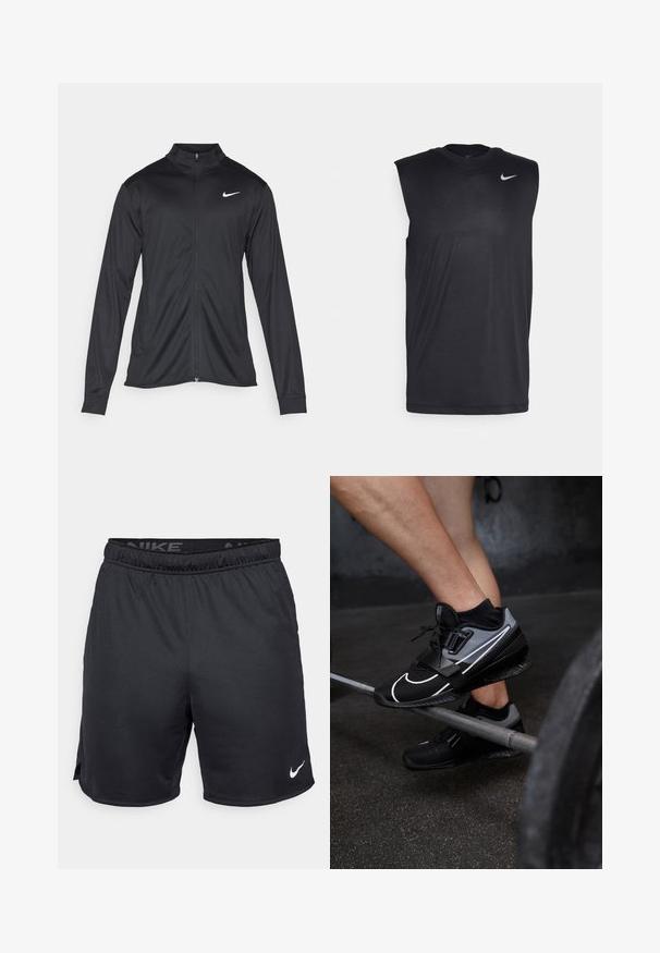 Jacket desportivo preto com mangas longas, colarinho e fecho zip completo. Apresenta um discreto logotipo da Nike em branco na parte superior do lado esquerdo do peito. Textura suave.; Camiseta atlética preta sem mangas, feita de um tecido liso, com gola redonda e um pequeno logotipo da Nike na parte superior esquerda.; Shorts Nike pretos com cintura elástica, fendas laterais e um logotipo Nike branco na barra inferior. Feitos de um tecido leve e texturizado.; Tênis atléticos pretos e cinzas com material em malha, logotipo da Nike em destaque, faixa larga e detalhes brancos, posicionados sobre uma barra de levantamento de pesos.