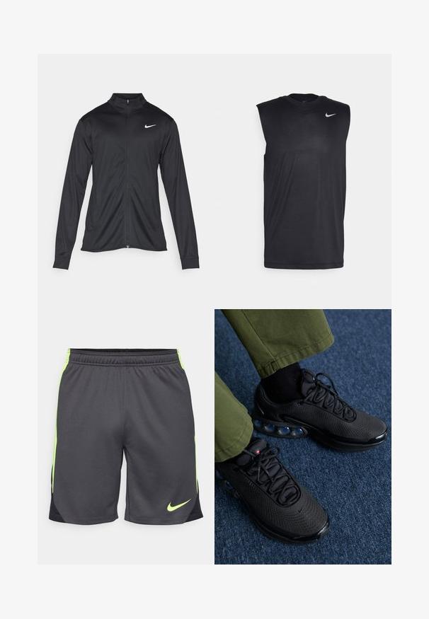 Fekete sportdzseki hosszú ujjal, gallérral és teljes cipzárral. Diszkrét fehér Nike logóval az upper bal mellen. Sima textúra.; Fekete ujjatlan sportpóló sima anyagból, kerek nyakkal, és egy kis fehér Nike swoosh logóval a bal felső oldalon.; Férfi sportnadrág, könnyű szürke anyagból, neon zöld részletekkel és fekete oldalsó panellel. Rugalmas derékkal a kényelem érdekében.; Fekete sportcipők hálós felsőrésszel, texturált felülettel és látható légpárnás betéttel. Olívazöld nadrággal és fekete zoknikkal párosítva.