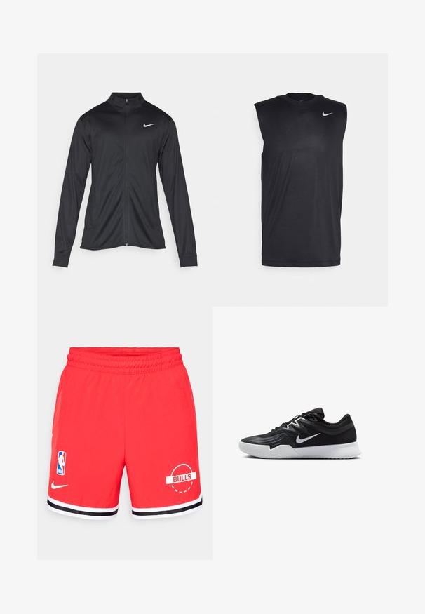 Jachetă sportivă neagră cu mâneci lungi, guler și fermoar complet. Prezintă un logo Nike subtil, alb, pe pieptul din stânga sus. Textură netedă.; Cămașă sport fără mâneci, de culoare neagră, confecționată dintr-un material fin, cu guler rotund și un mic logo Swoosh alb Nike pe partea superioară stângă.; Shorts de baschet roșii cu talie elastică, având un logo NBA alb pe stânga și un grafic "BULLS" pe dreapta. Dungi negre și albe la margine.; Pantof sport negru cu un superior texturat, swoosh alb Nike și o tălpică din cauciuc alb. Dispune de un design cu șireturi și o formă dinamică.