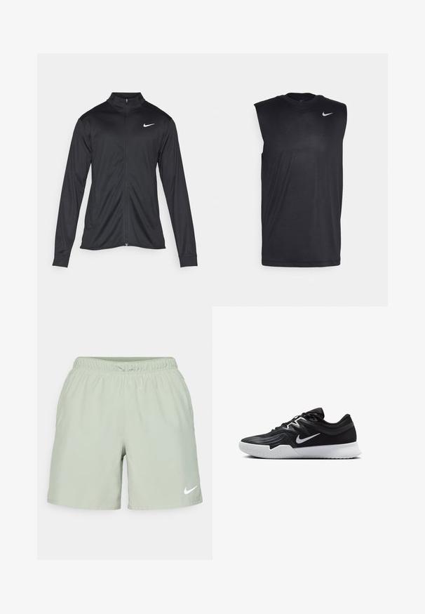 Must värvi sportlik jakk pikkade varrukatega, krae ja täispikk tõmblukk. Ülemises vasakus rinnas on diskreetne valge Nike logo. Sile tekstuur.; Mustamugav sportlike õhuke särk, millel on ümmargune kaelus ja väike valge Nike swooshi logo vasakul ülanurgas.; Nike Performance CHALLENGER SHORT - Spordišortsid - jade horizon/medium olive/black/reflective silver; Must mustad jalanikesad rikaste ülaservaga, valge Nike swoosh'i ja valge kummist välispõhjaga. Omab paeltega sulgemisdetaili ja dünaamilist kuju.