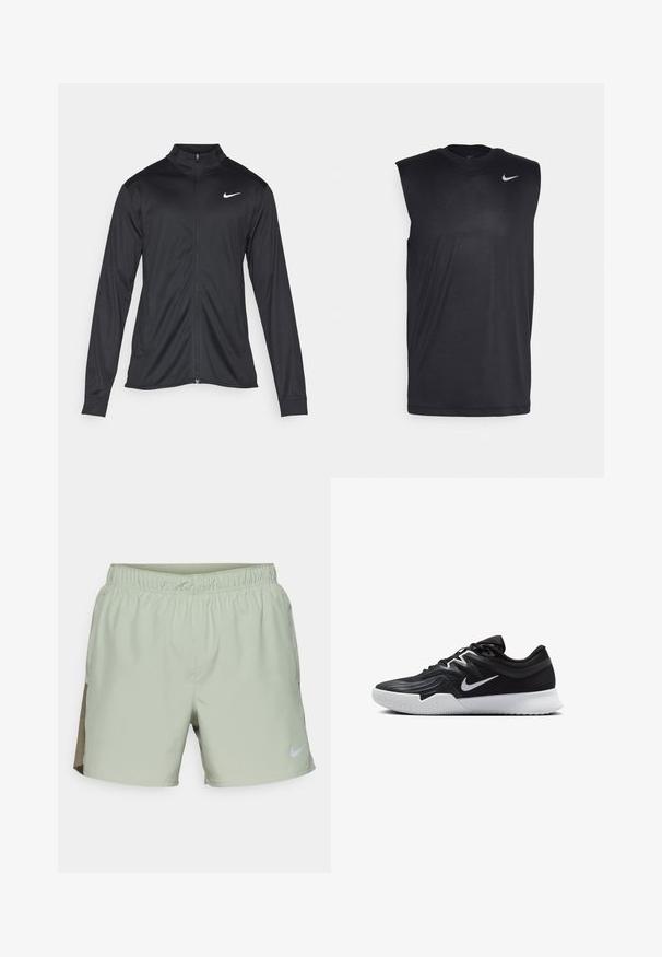 Must värvi sportlik jakk pikkade varrukatega, krae ja täispikk tõmblukk. Ülemises vasakus rinnas on diskreetne valge Nike logo. Sile tekstuur.; Mustamugav sportlike õhuke särk, millel on ümmargune kaelus ja väike valge Nike swooshi logo vasakul ülanurgas.; Nike Performance CHALLENGER SHORT - Spordišortsid - jade horizon/medium olive/black/reflective silver; Must mustad jalanikesad rikaste ülaservaga, valge Nike swoosh'i ja valge kummist välispõhjaga. Omab paeltega sulgemisdetaili ja dünaamilist kuju.