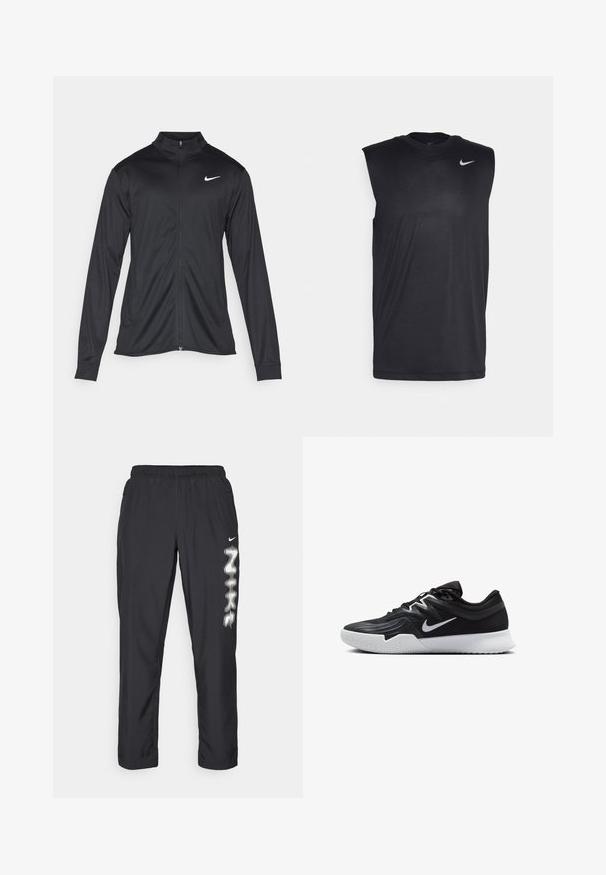 Black athletic jacket with long sleeves, collar, and full zipper. Features a subtle Nike logo in white on the upper left chest. Smooth texture.; Black sleeveless athletic shirt made of smooth fabric, featuring a round neck and a small white Nike swoosh logo on the upper left side.; Black athletic pants with an elastic waistband, side pockets, and a white Nike logo design on the left leg. Smooth fabric texture.; Black athletic shoe with a textured upper, white Nike swoosh, and a white rubber outsole. Features a lace-up design and dynamic shape.