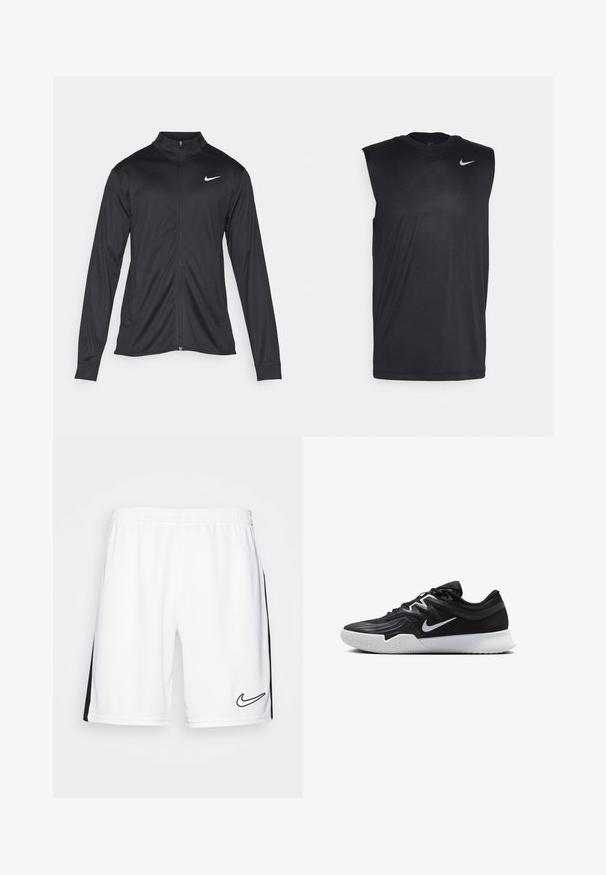 Chaqueta atlética negra con mangas largas, collar y cremallera completa. Presenta un sutil logo de Nike en blanco en la parte superior izquierda del pecho. Textura suave.; Camiseta atlética negra sin mangas, hecha de una tela suave, con cuello redondo y un pequeño logo Swoosh de Nike en blanco en la parte superior izquierda.; Pantalones cortos deportivos blancos de Nike con cinturilla elástica; cuentan con franjas laterales negras y un logo bordado en negro en la parte inferior derecha.; Zapatilla deportiva negra con parte superior texturizada, logo de Nike en blanco y suela de goma blanca. Tiene un diseño con cordones y una forma dinámica.