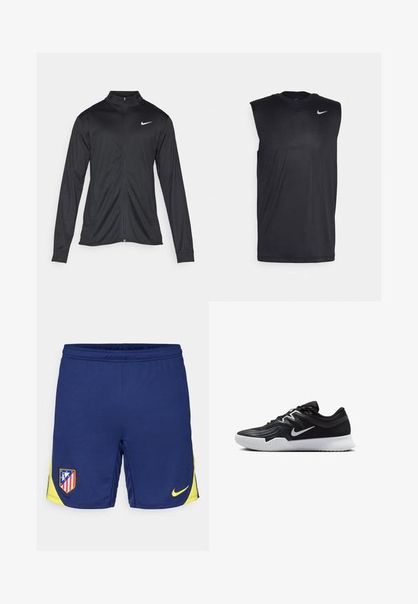 Black athletic jacket with long sleeves, collar, and full zipper. Features a subtle Nike logo in white on the upper left chest. Smooth texture.; Black sleeveless athletic shirt made of smooth fabric, featuring a round neck and a small white Nike swoosh logo on the upper left side.; Navy blue athletic shorts with yellow accents, featuring a team logo patch and a small Nike swoosh. Made from breathable fabric.; Black athletic shoe with a textured upper, white Nike swoosh, and a white rubber outsole. Features a lace-up design and dynamic shape.