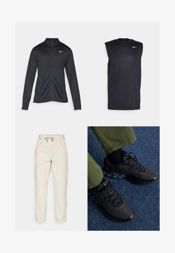 Schwarze Sportjacke mit langen Ärmeln, Kragen und voller Reißverschluss. Verfügt über ein dezentes Nike-Logo in Weiß auf der oberen linken Brust. Glatte Textur.; Schwarzes ärmelloses Sportshirt aus glattem Material, mit rundem Ausschnitt und kleinem weißen Nike-Swoosh-Logo an der oberen linken Seite.; Helle beigetöne Cordhosen mit einem Kordelzugbund, Seitentaschen und einer lockeren Passform, mit gerippter Textur und schmal zulaufenden Beinen.; Schwarze Sportschuhe mit einem Obermaterial aus Mesh, strukturiertem Oberflächenmaterial und sichtbaren Luftpolsterkissen. Kombiniert mit olivgrünen Hosen und schwarzen Socken.