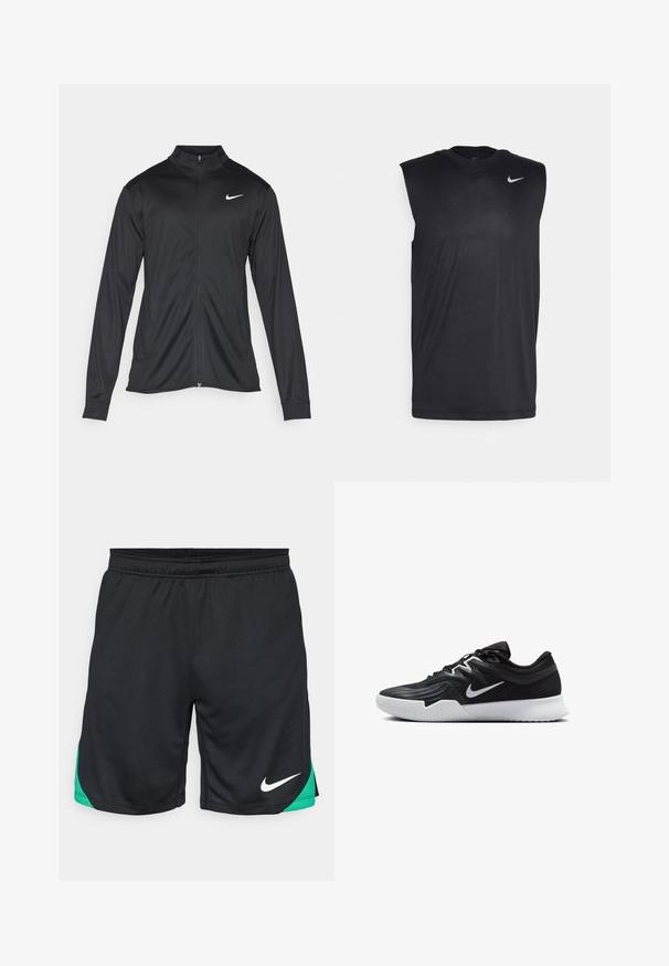 Črna atletska jakna z dolgimi rokavi, ovratnikom in polnim zadrgo. Vključuje diskreten bel Nike logotip na zgornjem levem delu prsnega koša. Gladka tekstura.; Črna brezrokavna športna majica iz gladkega materiala, s krožnim izrezom in majhnim belim Nike logotipom v obliki kljukice na zgornji levi strani.; Nike Performance STRIKE SHORT - Športne kratke hlače - black/stadium green/white; Črne atletske čevlje z teksturirano zgornjico, belim Nike znakom in belim gumijastim zunanjim podplatom. Imajo vezalni dizajn in dinamično obliko.
