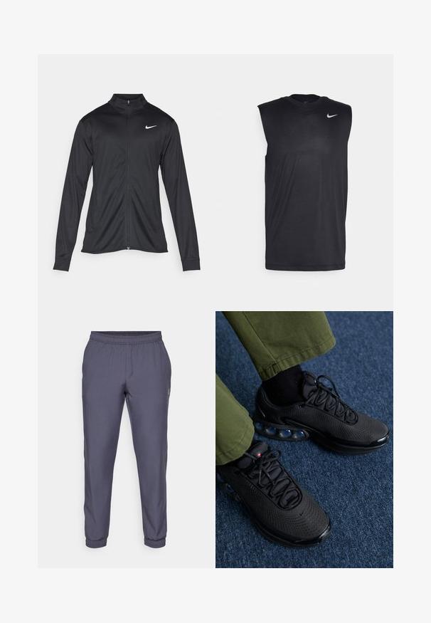 Czarna sportowa kurtka z długimi rękawami, kołnierzem i pełnym zamkiem. Posiada subtelne logo Nike w białym kolorze na lewej górnej części klatki piersiowej. Gładka tekstura.; Czarna bezrękawnikowa koszulka sportowa wykonana z gładkiego materiału, z okrągłym dekoltem i małym białym logo Nike w kształcie smoka na górnej lewej stronie.; Szare spodnie sportowe z elastycznym pasem, zwężanymi nogawkami i zakończeniami mankietowymi. Gładka faktura i minimalne oznakowanie z boku.; Czarne buty sportowe z siateczkową cholewką, teksturowaną powierzchnią i widocznymi poduszkami powietrznymi. W zestawie z oliwkowymi spodniami i czarnymi skarpetkami.