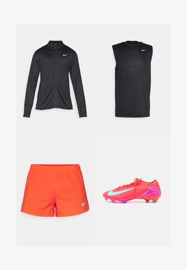 Schwarze Sportjacke mit langen Ärmeln, Kragen und voller Reißverschluss. Verfügt über ein dezentes Nike-Logo in Weiß auf der oberen linken Brust. Glatte Textur.; Schwarzes ärmelloses Sportshirt aus glattem Material, mit rundem Ausschnitt und kleinem weißen Nike-Swoosh-Logo an der oberen linken Seite.; Kurze Hosen aus leuchtend orangefarbenem Netzstoff mit perforierter Textur, featuring einen elastischen Bund und ein weißes Nike-Logo auf der unteren linken Seite.; Helle pinke Fußballschuhe mit einer strukturierten Oberfläche, hellblauen Akzenten und einem eleganten Design. Verfügbar mit einer pinken Sohle und türkisfarbenen Stollen.